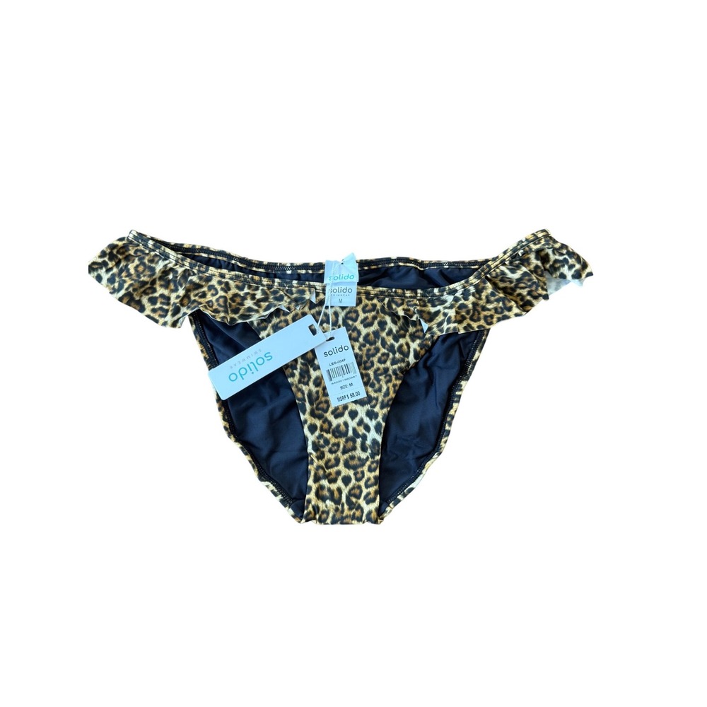 Solido Swimwear Womens Leopard Print Ruffle Ruched Bikini Bottom Brown M‎ NWT